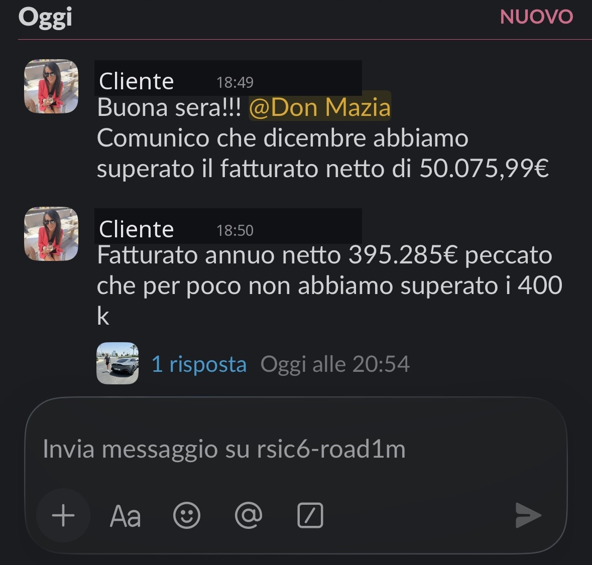 Messaggio cliente: 50.075,99€ a dicembre, 395.285€ annui